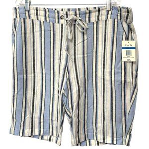 NWT Per Se Linen Blend Shorts Size XL Multi Blue Stripe Drawstring Waist Pockets